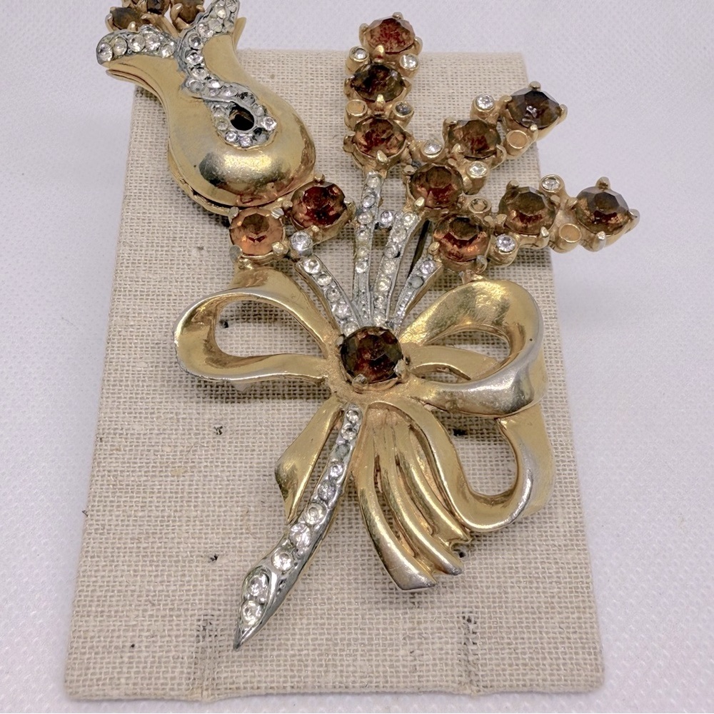 Reinad RARE Signed Vintage Gold Tone Amber Rhinestone Tulip Spray Floral Brooch